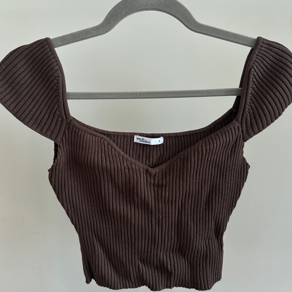 Uncle Studios Brown Ribbed Sweetheart Top